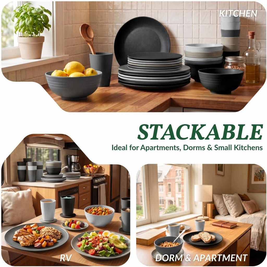 Homienly 40 PCS Kitchen Plates and Bowls Sets for 8 Wheat Straw Dinnerware Sets Microwave and Dishwasher Safe Camping Dish Set Plate Set, Kids, Reusable, Unbreakable, Lightweight-BlackGrey