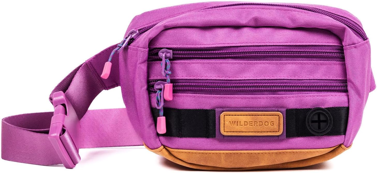 Wilderdog Utility Fanny Pack stores Treats, Balls, Keys in 3 Pockets with adjustable strap and Poop Bag dispenser (Huckleberry)