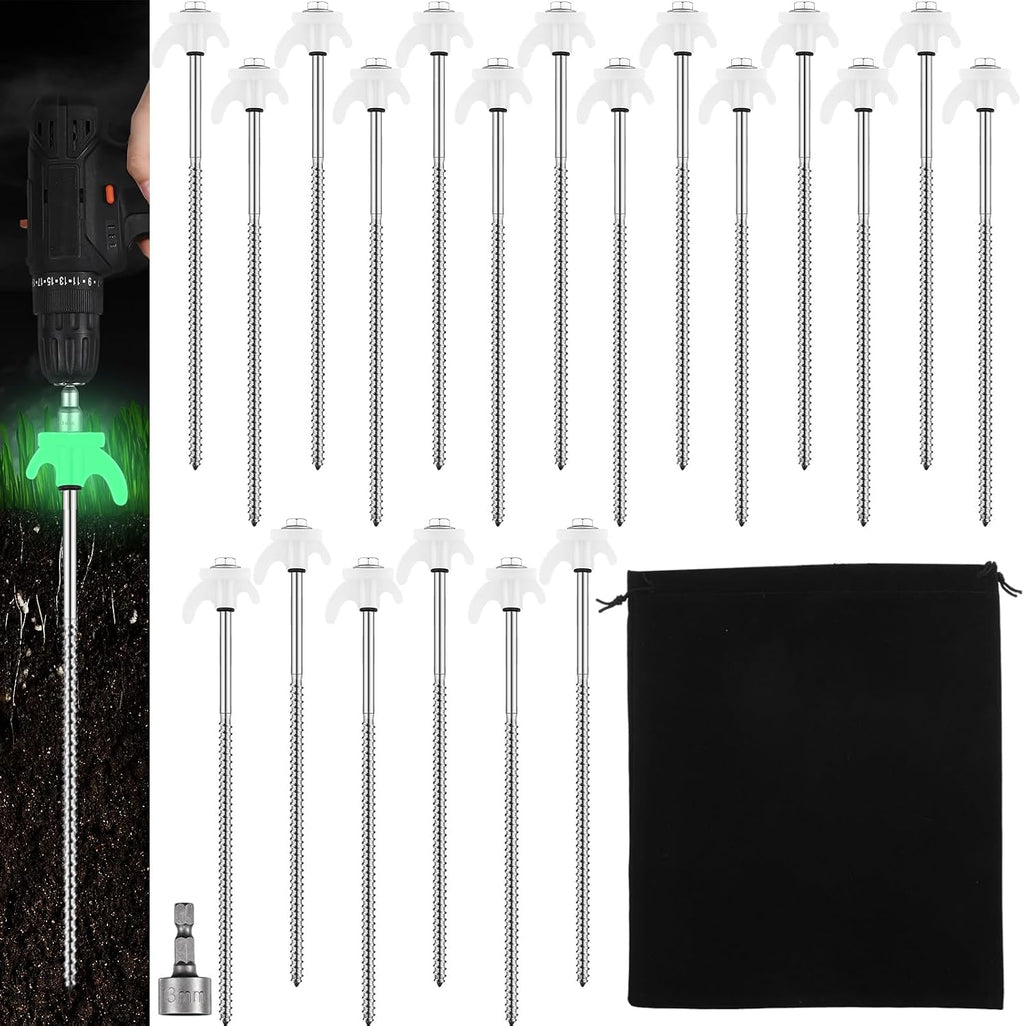 JaGely 20 Pcs 12 Inch Tent Stakes Screw in Camping Stake Heavy Duty Metal Spikes Ground Anchor Peg Threaded Tent Spikes with Hex Head Driver for Camping Garden Inflatable Outdoor Decor (Black)