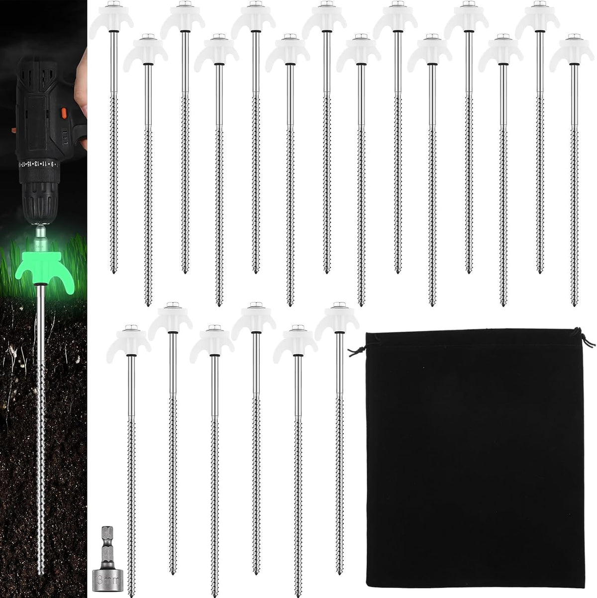JaGely 20 Pcs 12 Inch Tent Stakes Screw in Camping Stake Heavy Duty Metal Spikes Ground Anchor Peg Threaded Tent Spikes with Hex Head Driver for Camping Garden Inflatable Outdoor Decor (Black)