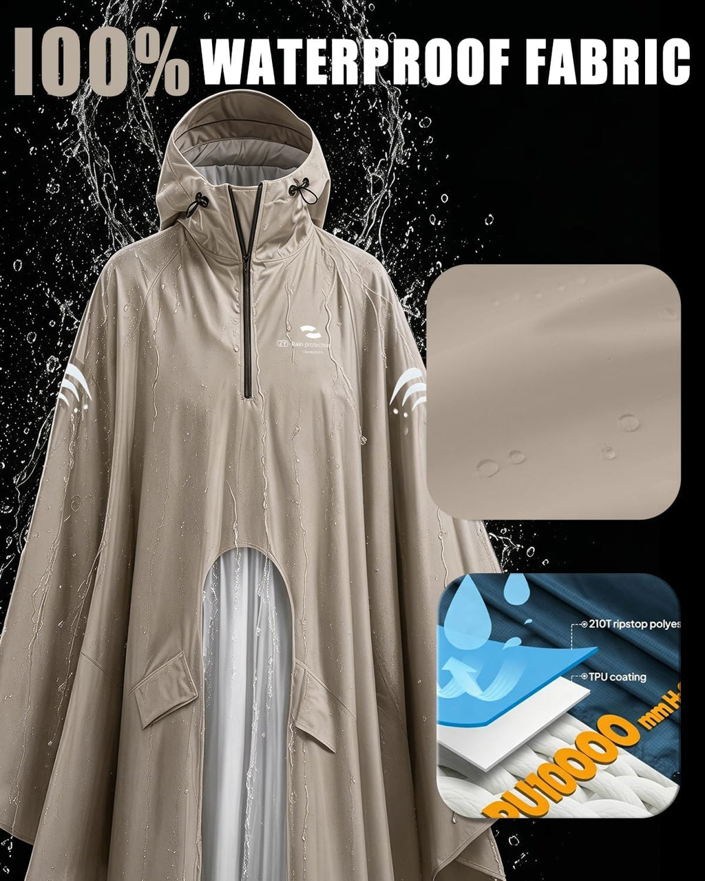 Rain Poncho Waterproof Full Body Long Hooded with Double-Face Visor Mask, Packable Raincoat for Cycling, Hiking
