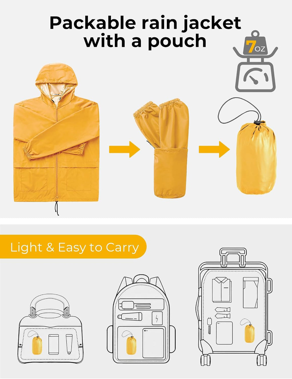COOFANDY Mens Packable Rain Jacket Lightweight Waterproof Raincoat with Hood Outdoor Rain Gear Travel Hiking Cycling