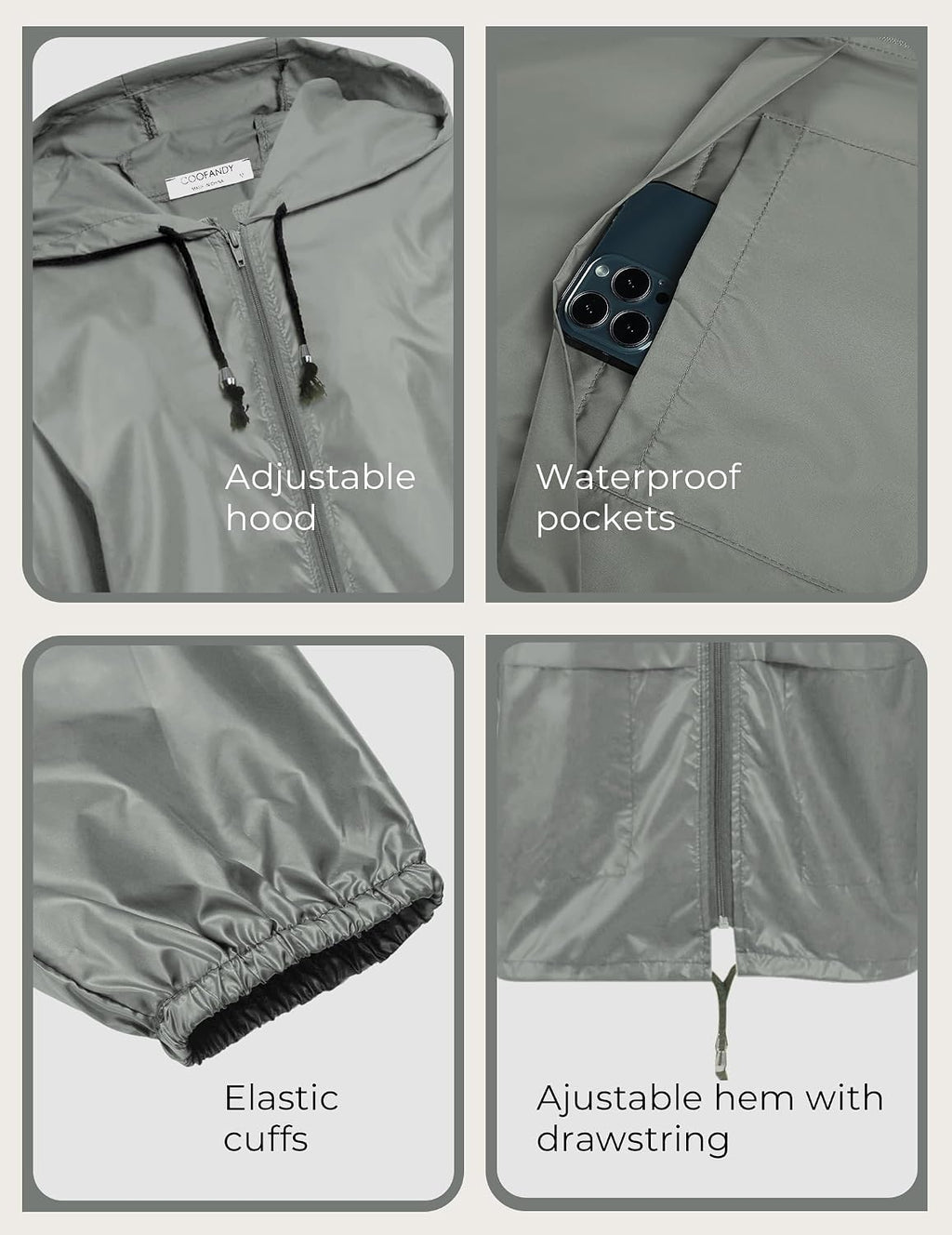 COOFANDY Mens Packable Rain Jacket Lightweight Waterproof Raincoat with Hood Outdoor Rain Gear Travel Hiking Cycling