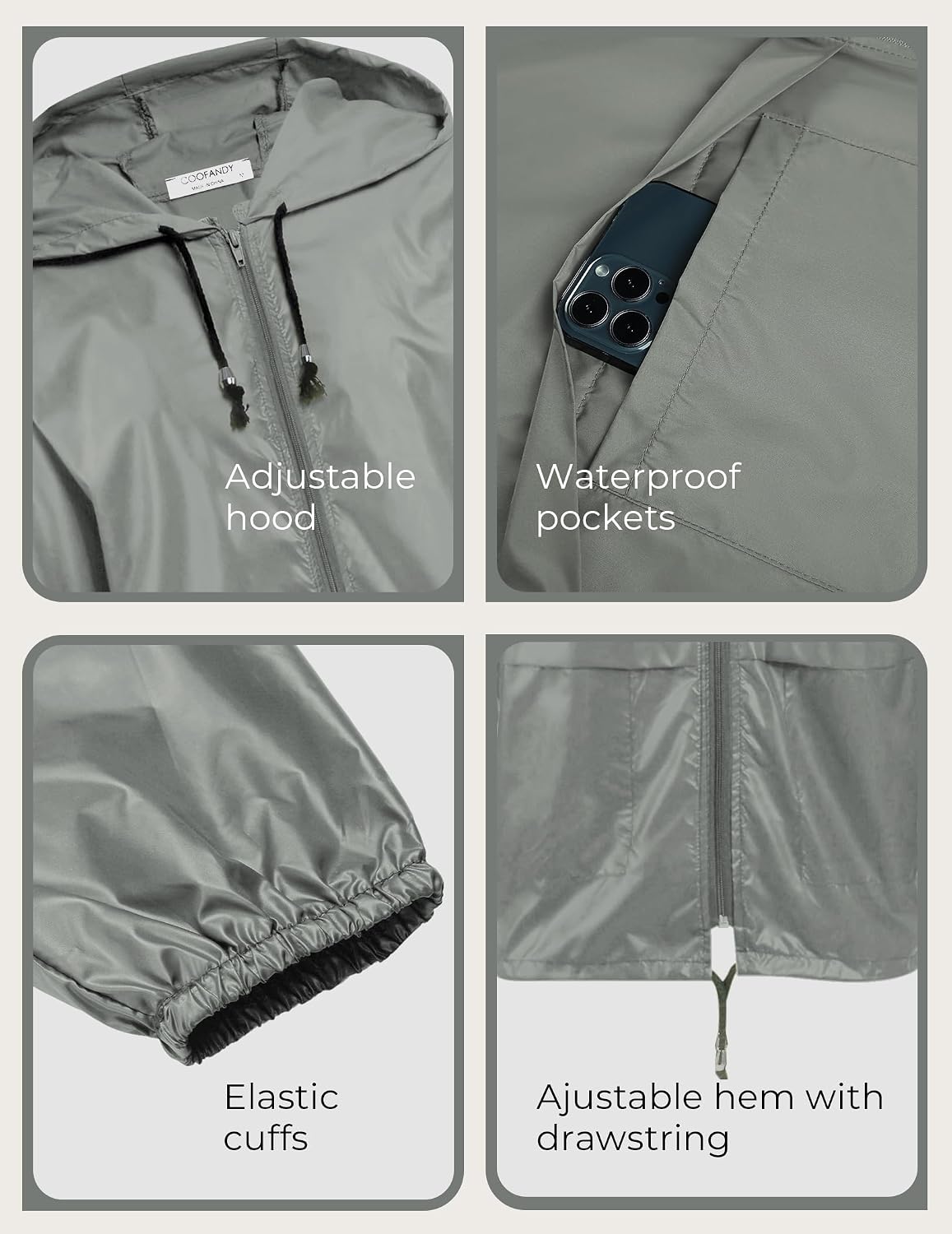 COOFANDY Mens Packable Rain Jacket Lightweight Waterproof Raincoat with Hood Outdoor Rain Gear Travel Hiking Cycling