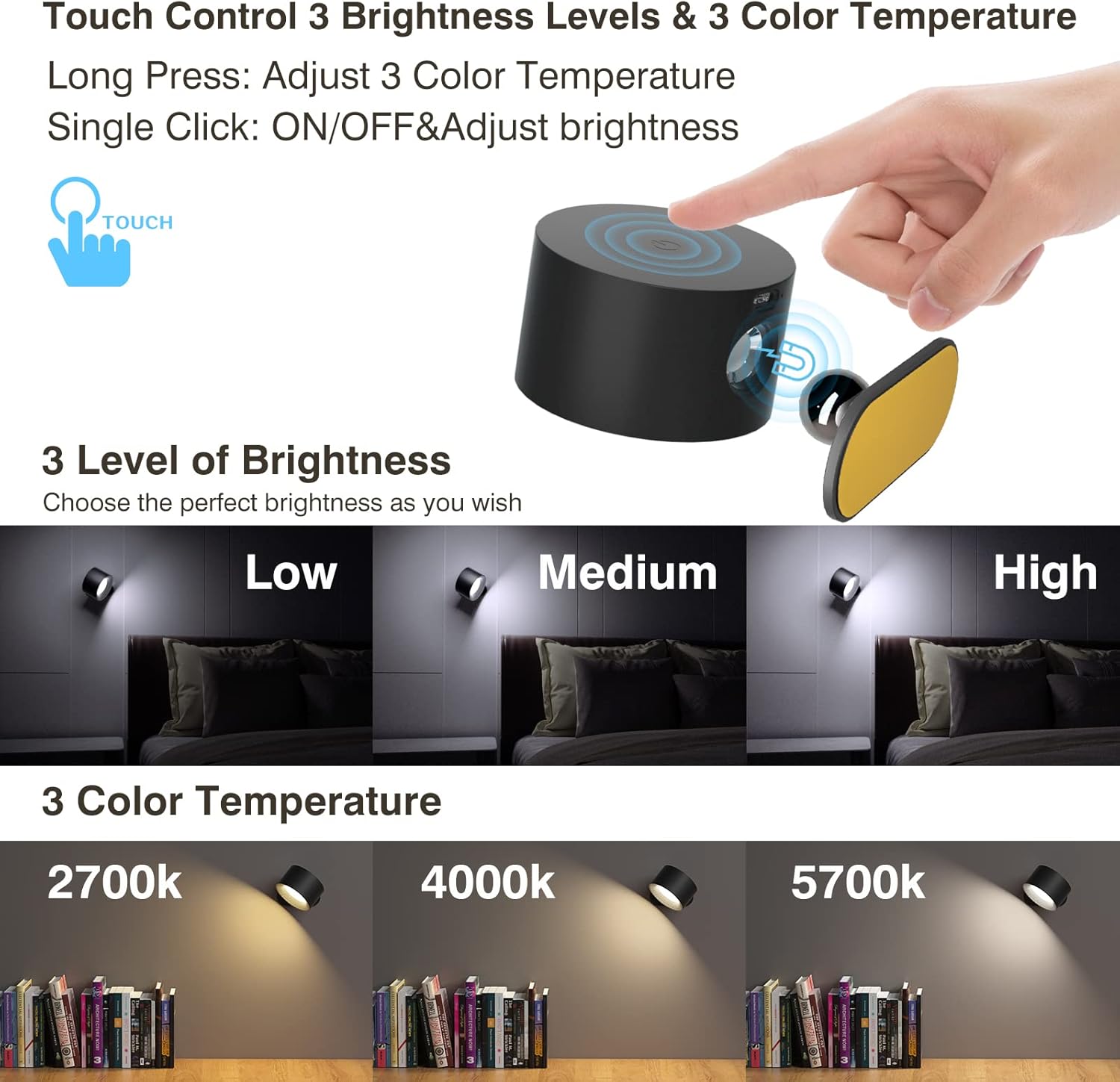 AKSDA Battery Operated Wall Sconce, LED Reading Light, 360-Degree Rotation Magnetic Mounting Rechargeable Cordless Wall Lights with Dimmable 3 Color Temps Touch Control for Bedroom Hallway, 1 Pack