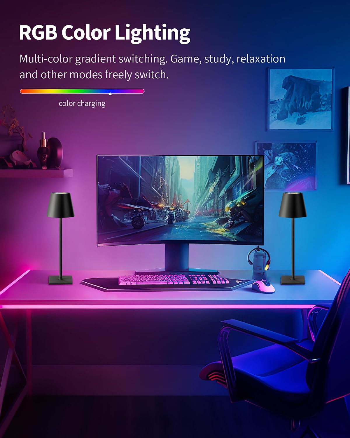 KDG 2 Pack Cordless Black Table Lamps, RGB Color Stepless Dimming Desk Lamp