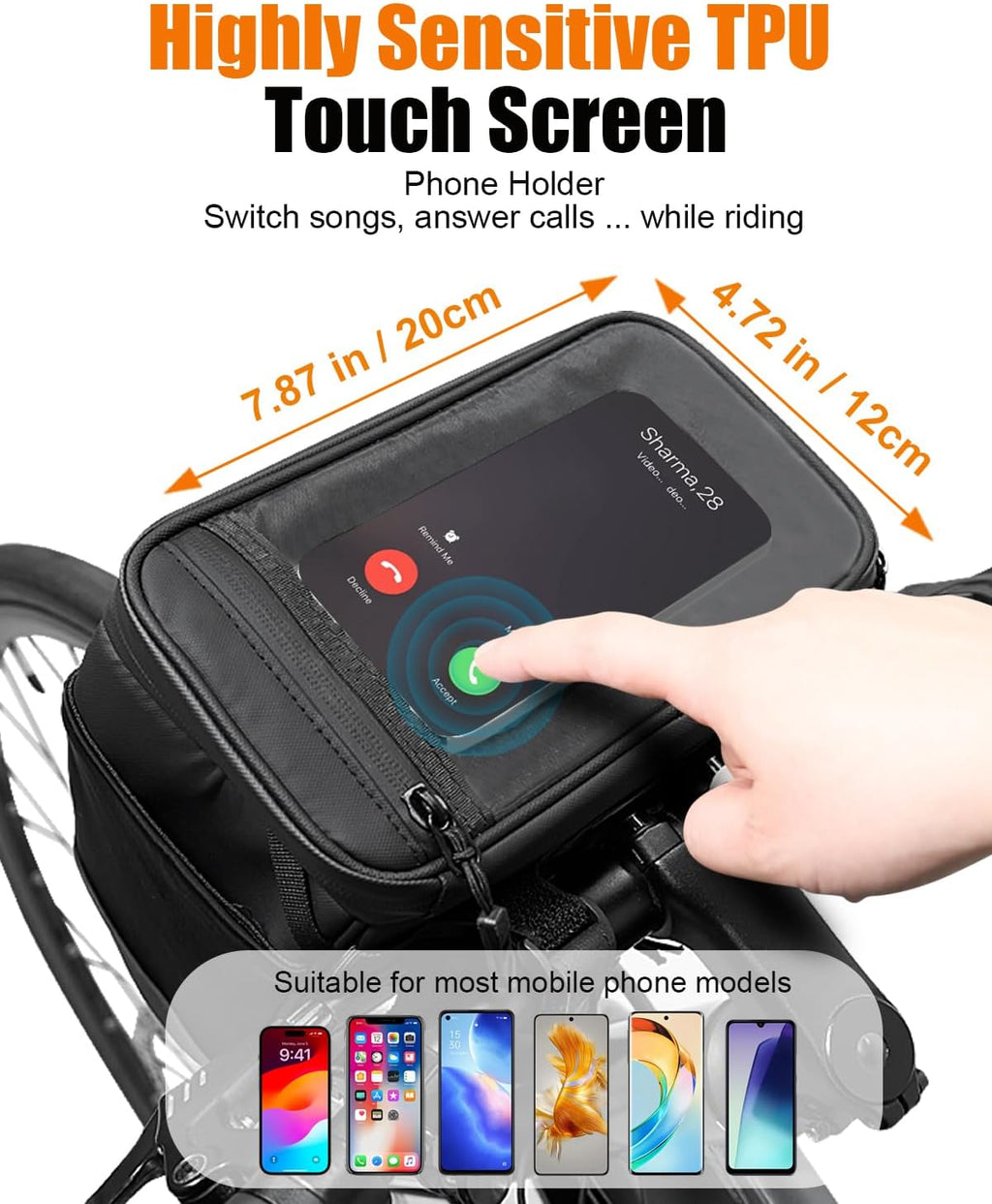 Bike Handlebar Insulated Bag, Waterproof Mountain Bike Crossbar Front Bike Phone Bag Cooler Storage Pouch with TPU Touch Screen Insulation for Outdoor Hiking Travel 4L