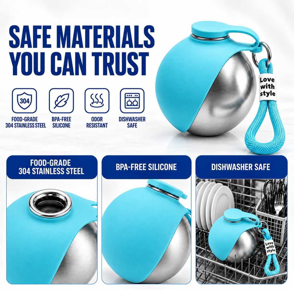 Portable Dog Water Bottle with Bowl, 10oz Stainless Steel, Leakproof