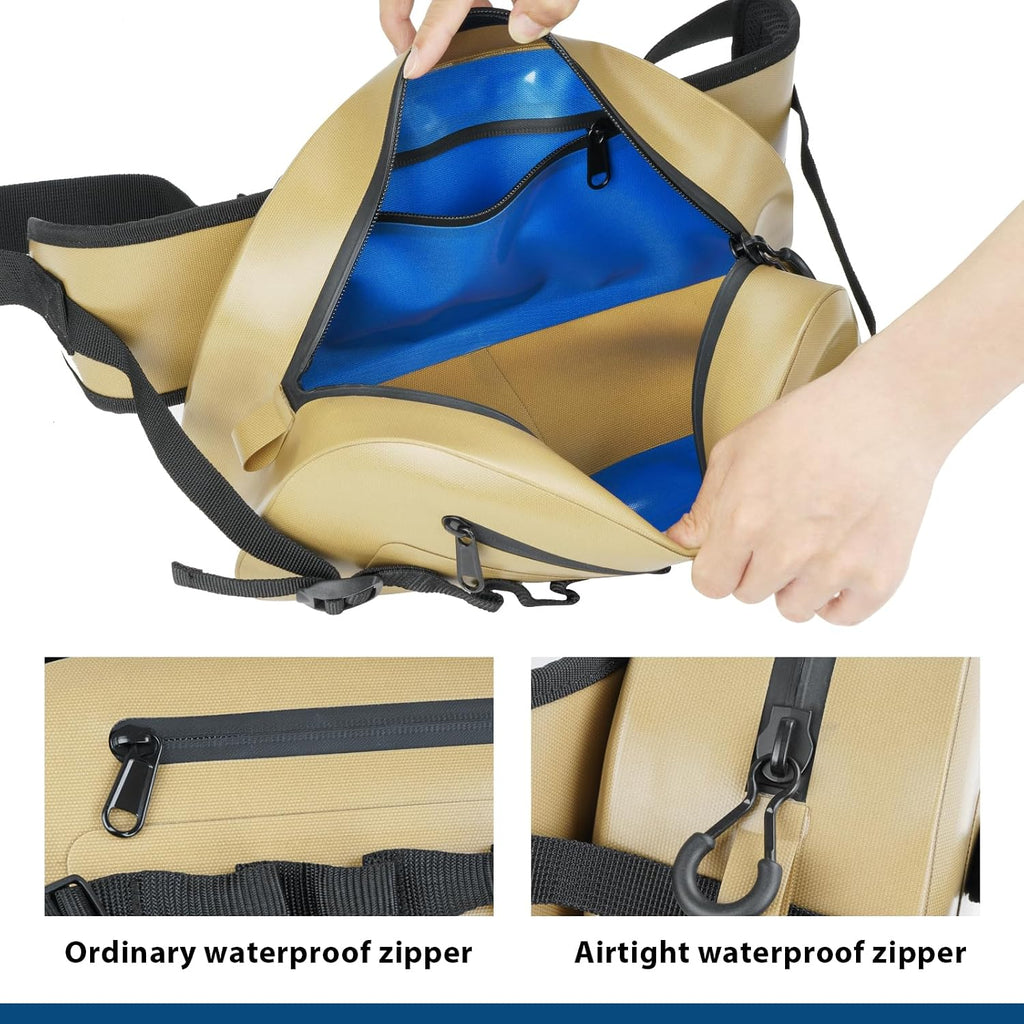 THKFISH Waterproof Fishing Waist Pack, Large Fishing Tackle Bag with Adjustable Strap, Airtight Zipper Closure, Lightweight Sling Fishing Waist Bag for Fly Fishing, Brown