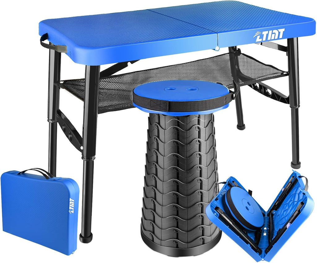 Folding Table and Stool, Small, Black, 4 Foot Outdoor Portable Table, Adjustable Height, Camping, Picnic, RV Table, 55lbs Load-Bearing, Lightweight
