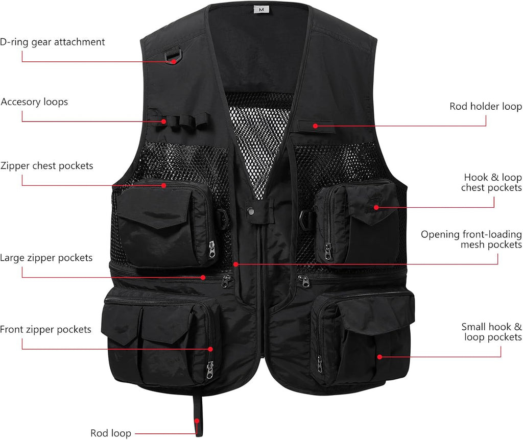 BASSDASH Men's Women's Utility Fishing Cargo Vest Outdoor Safari Photography Work Vest with Multi Pockets Mesh Back FV14