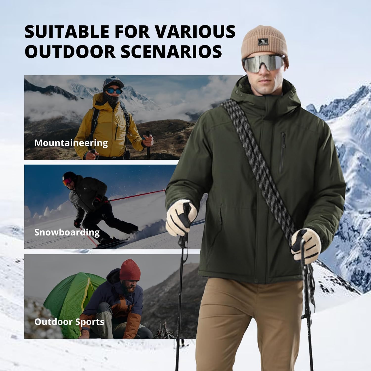 CAMELSPORTS Mens Winter Jacket Waterproof Warm Snow Ski Jackets Faux Fur Fleece Rain Coats with Removable Hood