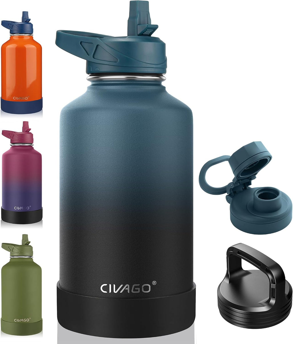 CIVAGO 64 oz Insulated Stainless Steel Water Bottle With Straw and 3 Lids
