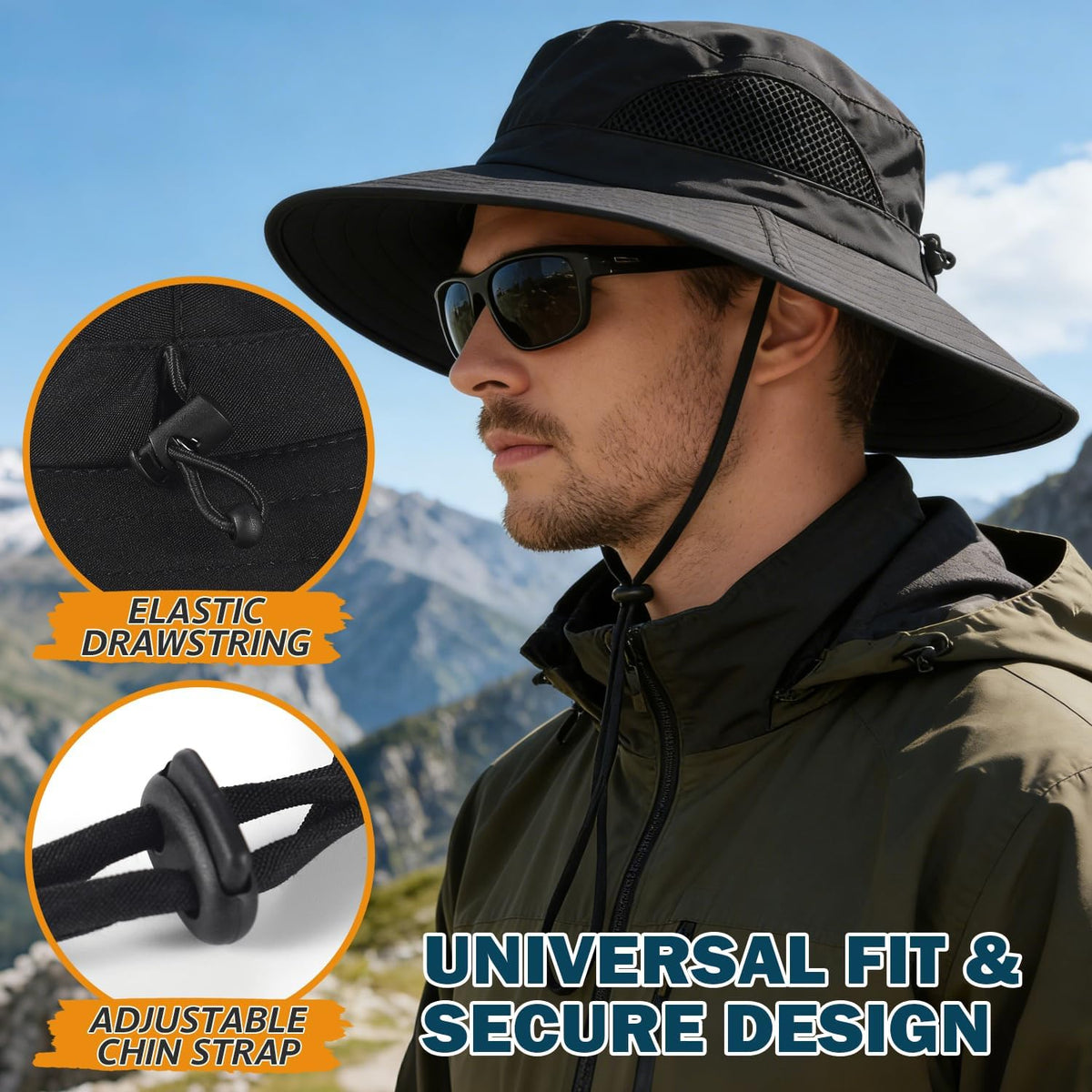 Wide Brim Sun Bucket Hat, Waterproof Boonie Hat for Men & Women