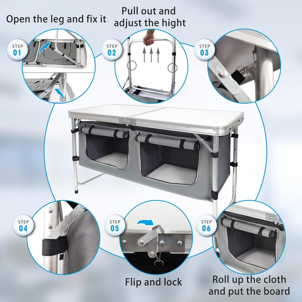 Folding Camping Table with Storage, Adjustable Height