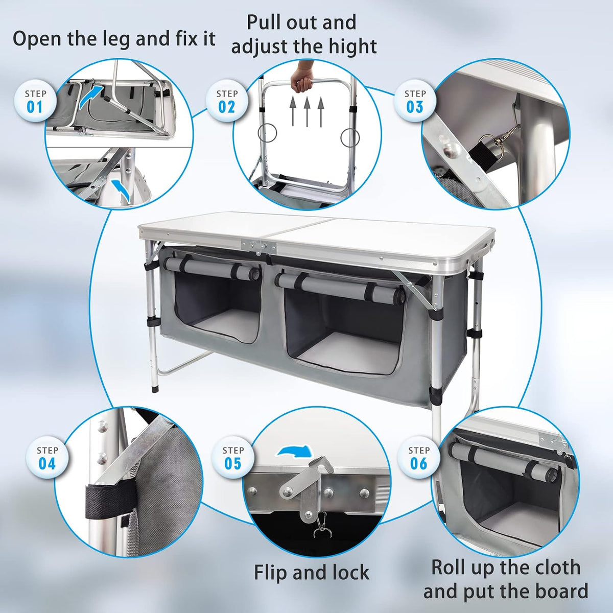 Folding Camping Table with Storage, Adjustable Height