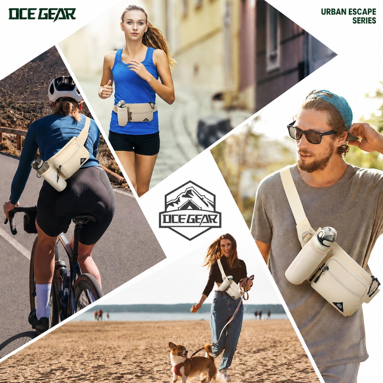 Fanny Pack with Water Bottle Holder for Men Women Waist Bag Running Waist Pack Waterproof for Outdoor Travel Cycling Climbing Walking Fit All Phones (Bottle Not Included) (Beige)