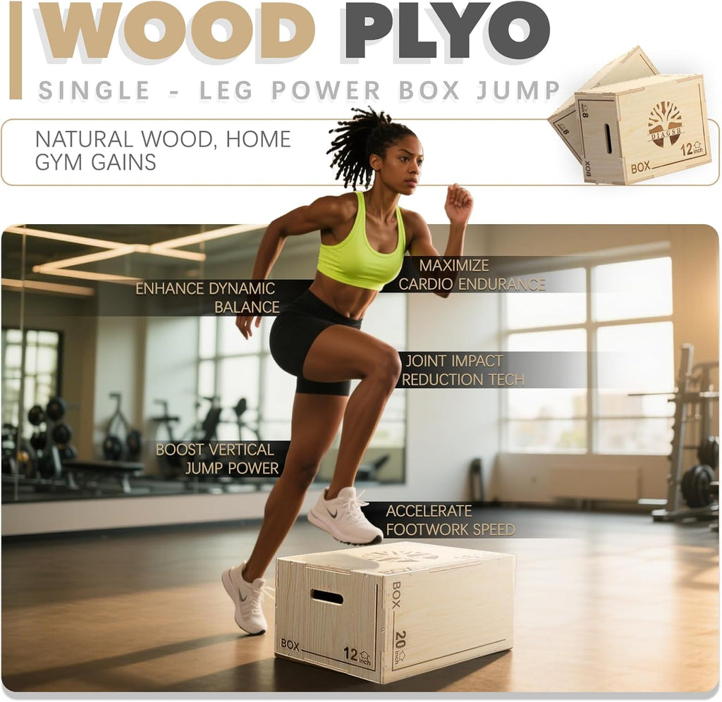 Plyo Box - 3-in-1 Wood Plyometric Jump Platform (16"x12"x8") for Home Gym Training - Ideal for Jumps, Squats & Conditioning-1 Piece