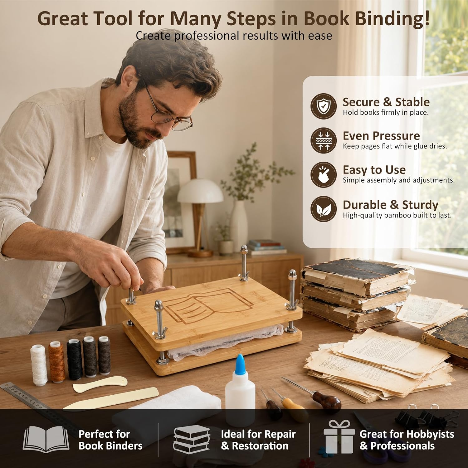 MeRGBWLife Book Binding Kit with Book Press, Complete Bookbinding Tools Set for DIY Book Repair, Journal Making & Crafts, Portable Easy Assembly (7.9" x 11.6")