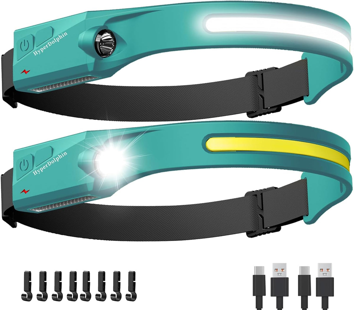 Headlamp Rechargeable LED (2-Pack, Green) 230° Wide Beam, USB-C Lightweight Head Lamp, Long Runtime, Water-Resistant for Camping, Hiking, Running, Fishing, Repair Work