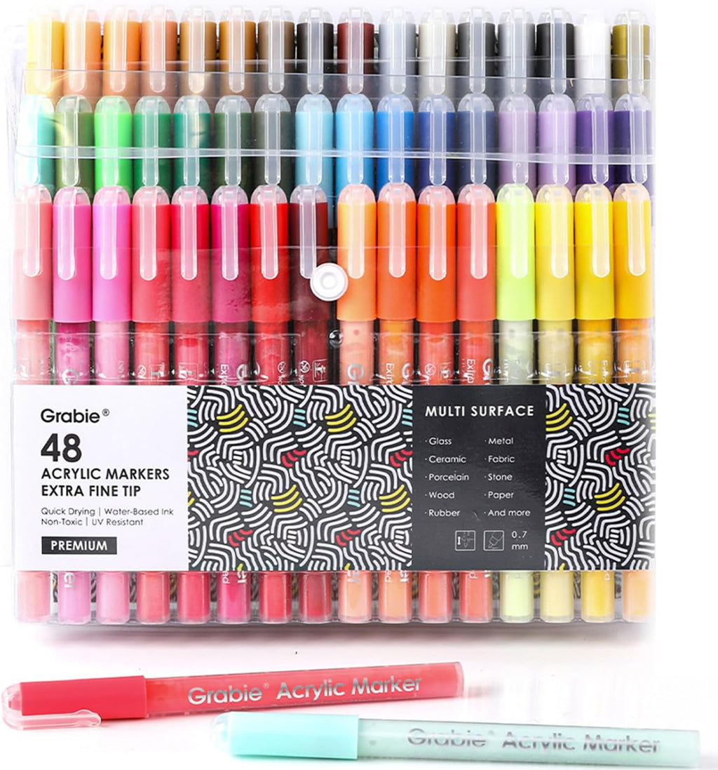 Grabie Pack of 48 Color Acrylic Paint Markers, 0.7mm Extra Fine Tip Pens