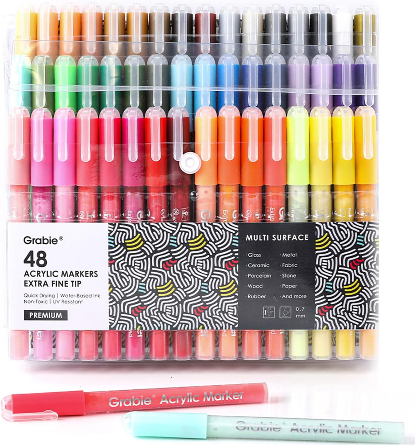 Grabie Pack of 48 Color Acrylic Paint Markers, 0.7mm Extra Fine Tip Pens