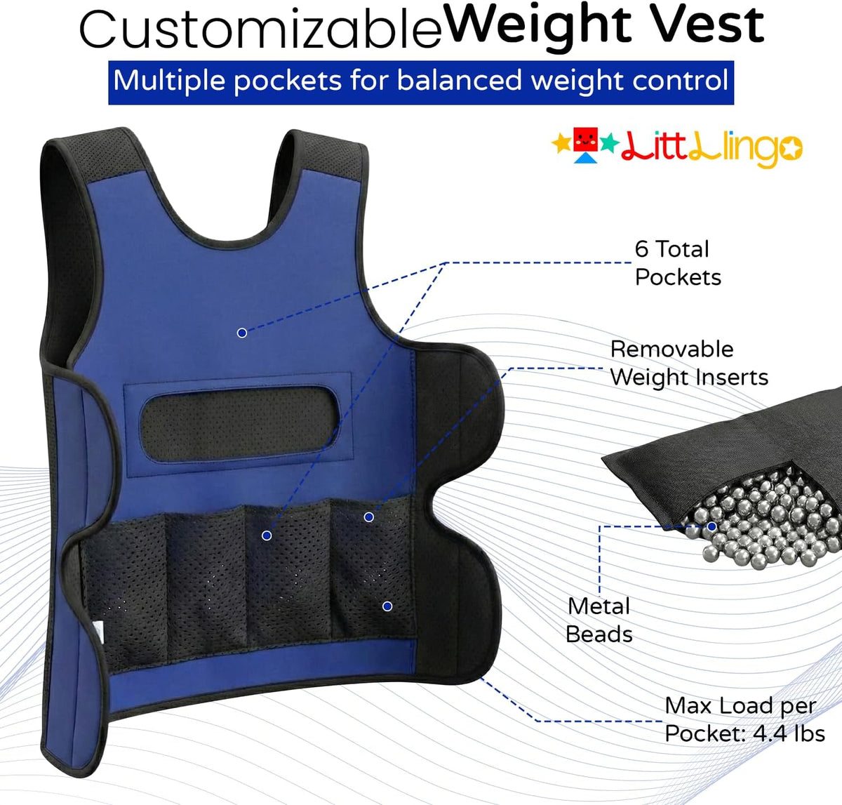 Weighted Vest for kids with Adjustable Weights, Compression Vest for Kids & Toddlers, Removable Metal Beads, Breathable Mesh and 6 Pockets