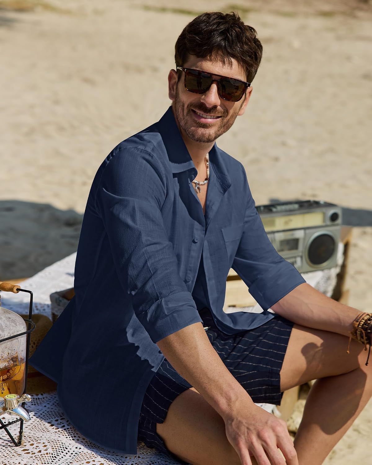 Alimens & Gentle Mens Linen Textured Shirt Long Sleeve Summer Beach Tops