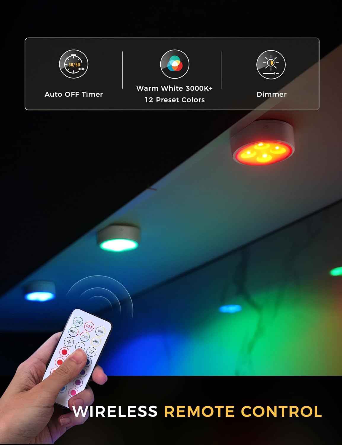 Push Lights with Remote 6-Piece Battery-Powered LED Hockey Puck Lights, Wireless Under-Cabinet & Baseboard Illumination, Dimmable & Color-Changing (2 Pack White, Color)