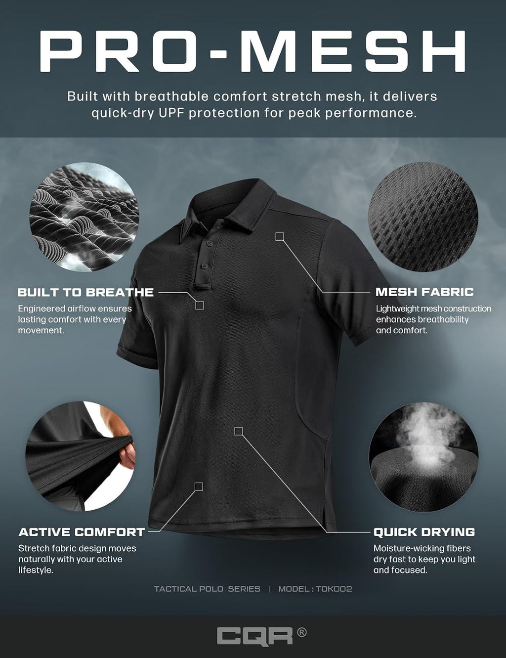 CQR Men's Quick Dry Tactical Polo Shirt, Lightweight Breathable Performance Polo, Short Sleeve UPF 50+ Outdoor Golf Shirt