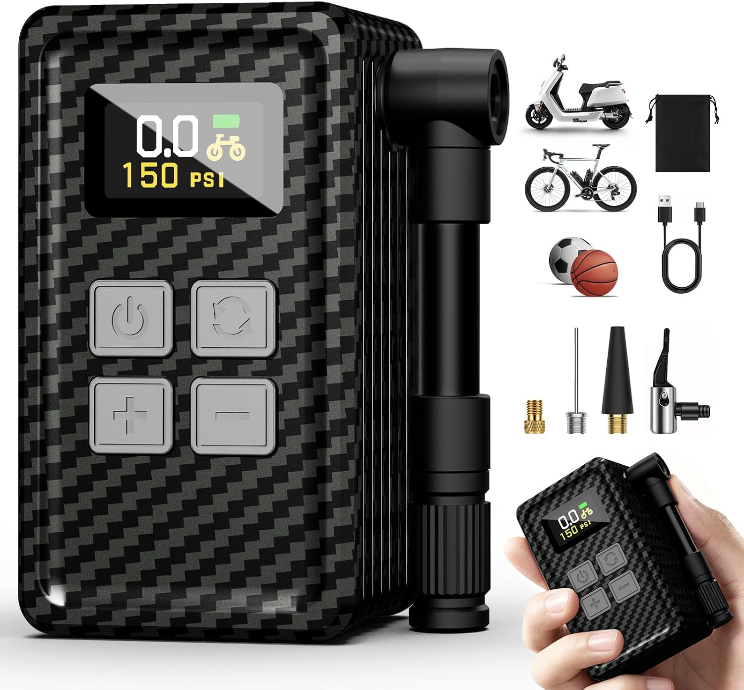 Mini Bike Pump 150 PSI Electric Tire Inflator with Gauge for Bikes