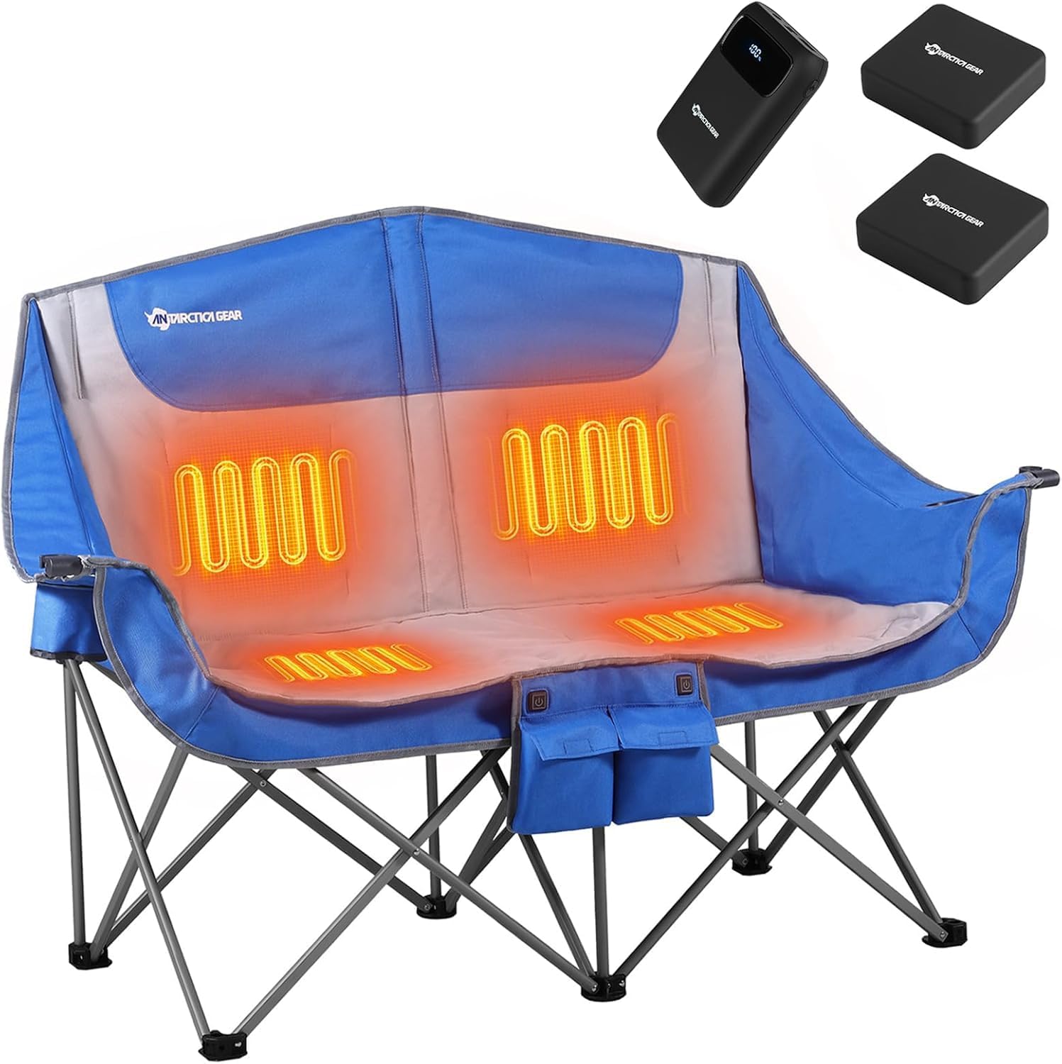 ANTARCTICA GEAR Heated Double Camping Chair, 2-Person Folding Chair with 12V 16000mAh Battery Pack, Heated Portable Loveseat Chair, for Outdoor