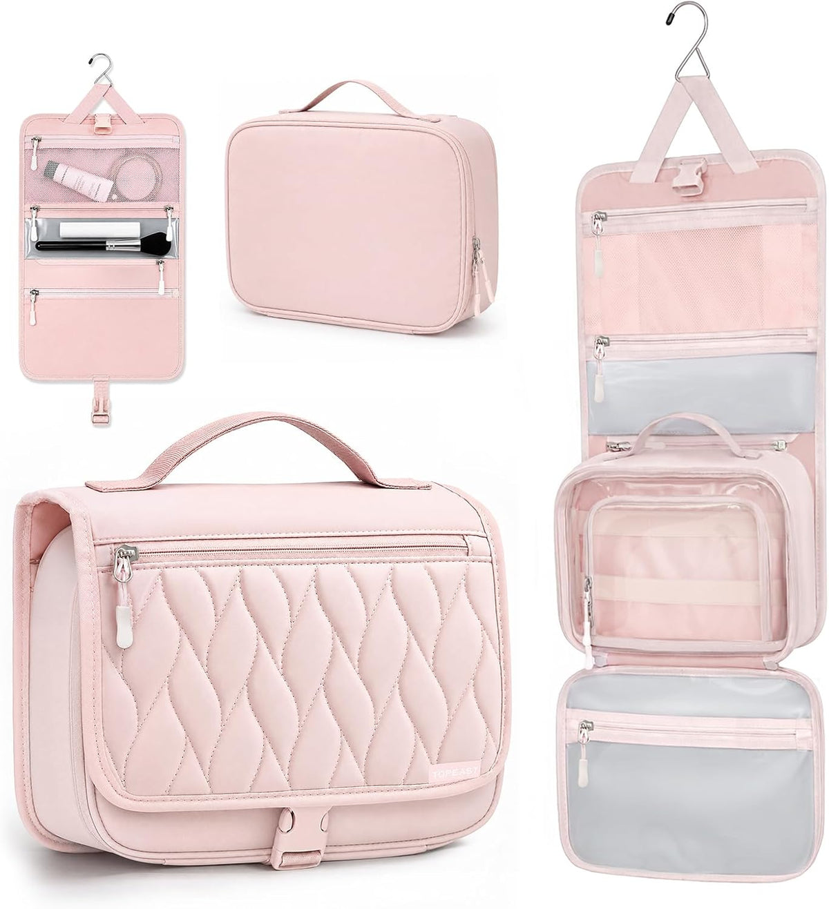 TOPEAST Quilted Travel Toiletry Bag for Women,Detachable Hanging Makeup Bag
