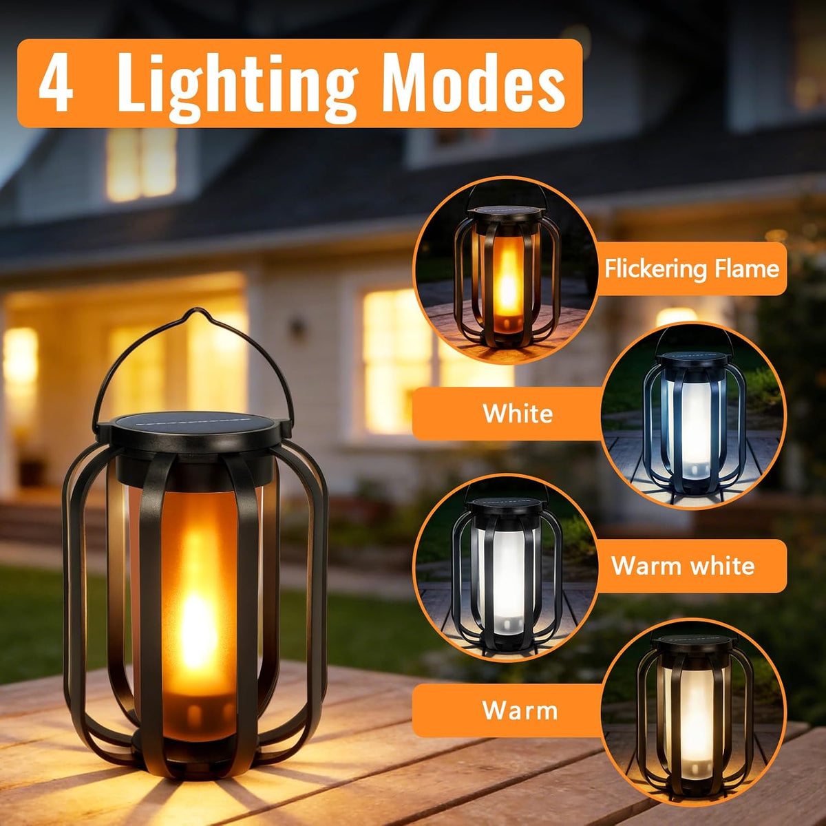 2 Pack Solar Lantern Lights Outdoor Waterproof Flickering Flame Light, Solar Lights with Dual Charging (USB/Solar) & 4 Modes Hanging Camping Light for Yard Patio Path Tree Porch Garden Decoration