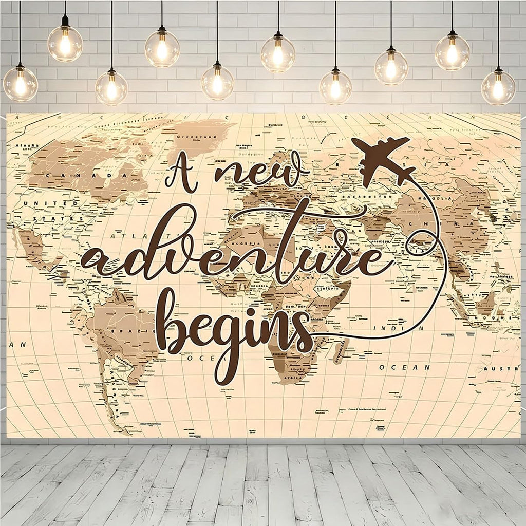 A New Adventure Begins Travel Backdrop Vintage World Map Around World Airplane Birthday Bridal Shower Photography Backdrops Newborn Baby Shower Birthday Party Decoration (7x5feet)