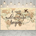 A New Adventure Begins Travel Backdrop Vintage World Map Around World Airplane Birthday Bridal Shower Photography Backdrops Newborn Baby Shower Birthday Party Decoration (7x5feet)