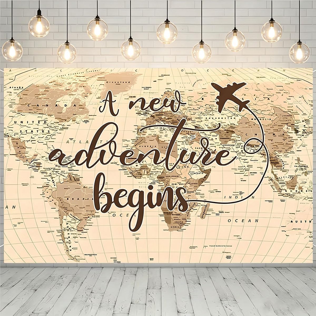A New Adventure Begins Travel Backdrop Vintage World Map Around World Airplane Birthday Bridal Shower Photography Backdrops Newborn Baby Shower Birthday Party Decoration (7x5feet)