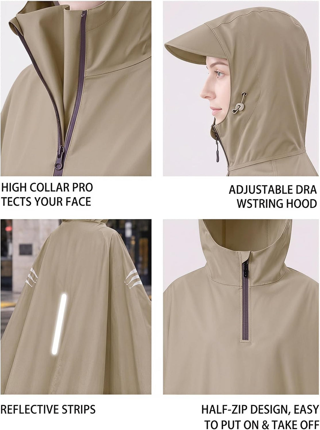 Rain Poncho Waterproof Full Body Long Hooded with Double-Face Visor Mask, Packable Raincoat for Cycling, Hiking