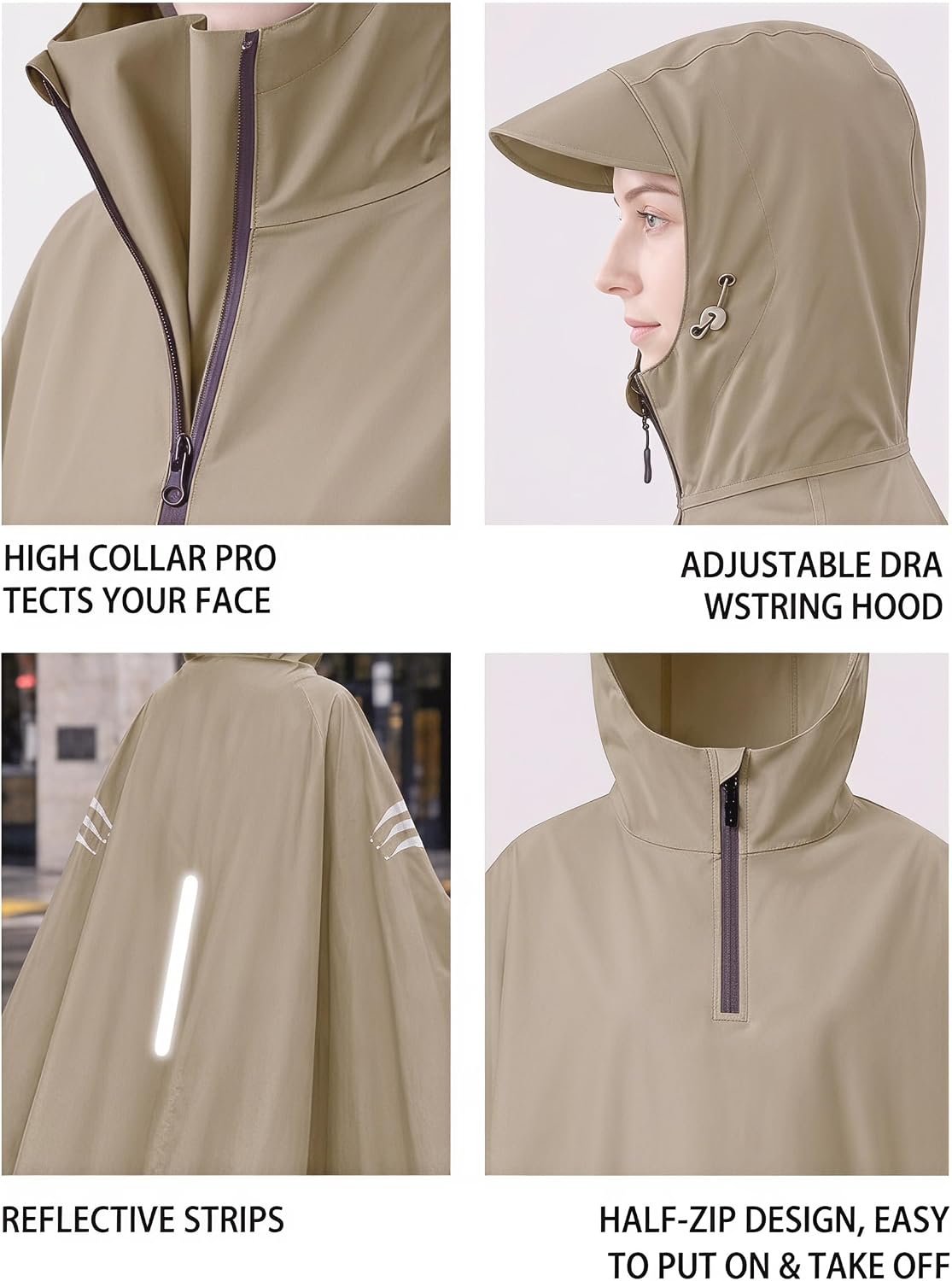 Rain Poncho Waterproof Full Body Long Hooded with Double-Face Visor Mask, Packable Raincoat for Cycling, Hiking