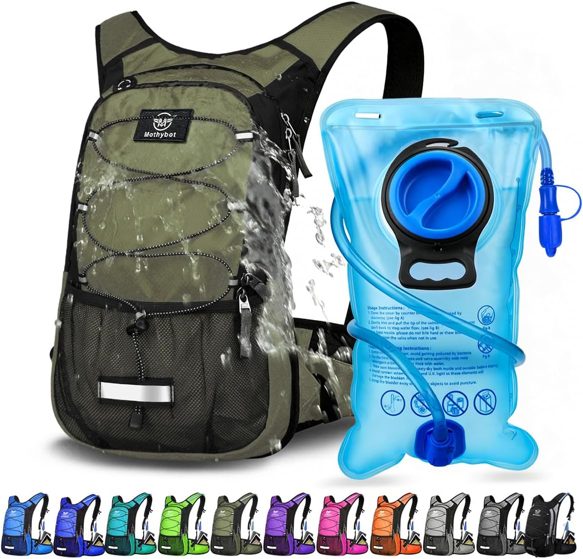 Mothybot Insulated Hydration Backpack Pack with 3L BPA Free Leak Proof Water Bladder, Large Storage Lightweight Hiking Daypack with Waist Pouches & Cooler Layer, for Running, Biking, Camping, Festival
