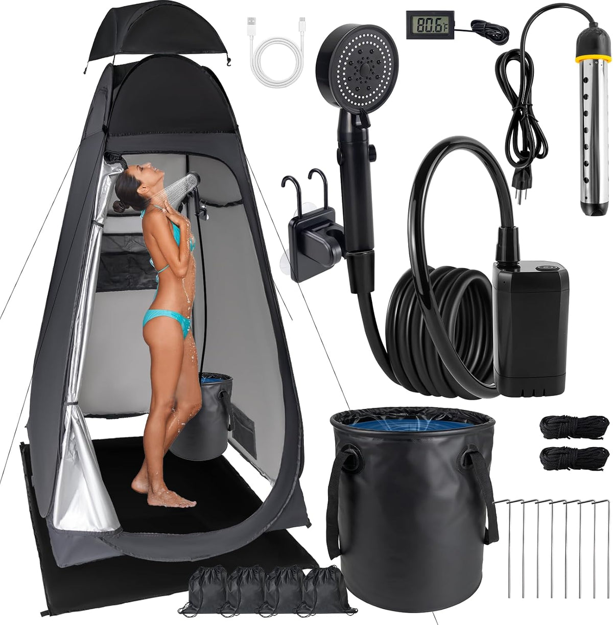 Portable Camping Shower Kit Upgraded Pop Up Privacy Tent with 1500W Heater