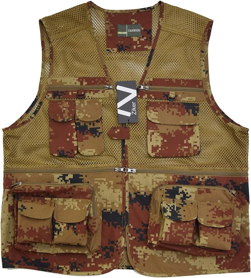 Ziker Men's Mesh Breathable Openwork Camouflage Journalist Photographer Fishing Vest Waistcoat Jacket Coat