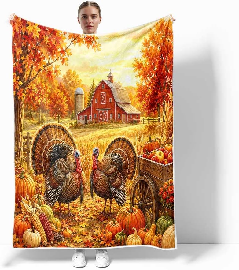 Thanksgiving Turkey Throw Blanket, Fall Farmhouse Fleece Blanket