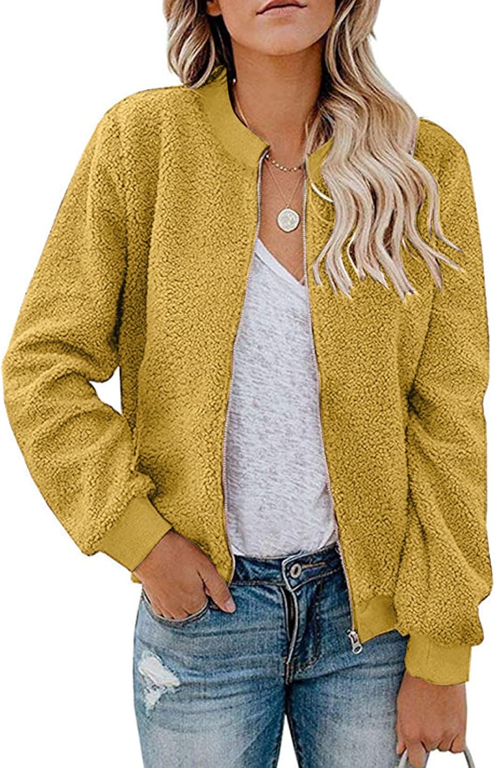 MIROL Women's Fall Fleece Bomber Jacket Trendy Sherpa Winter Coat Fuzzy Casual Long Sleeve Zip Up Loose Fit Jackets