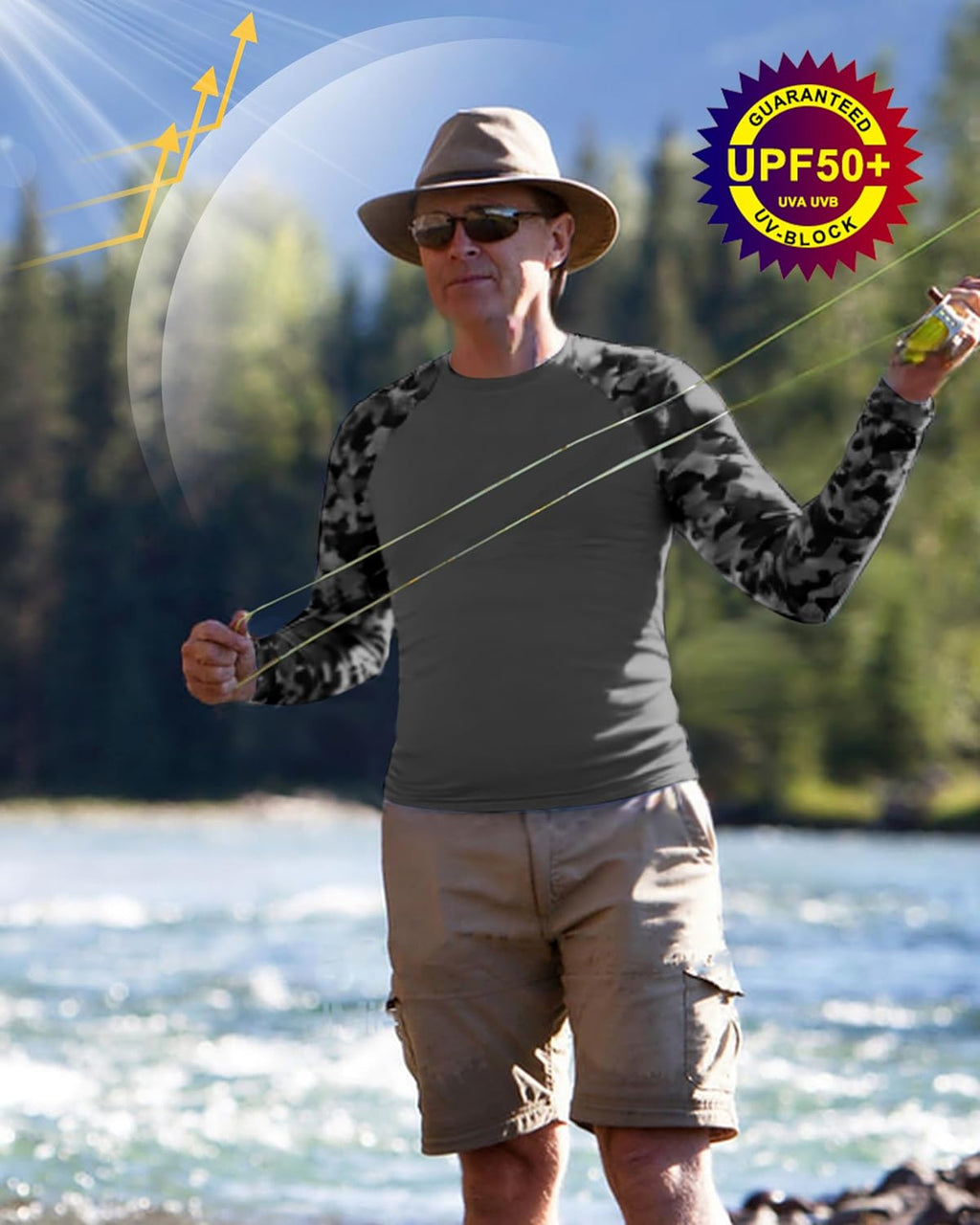 FISHEAL Men's Long Sleeve Fishing Shirts, UPF 50+ Camo Sun Protection Rash Guard, UV Shirt for Swimming Hunting Outdoor