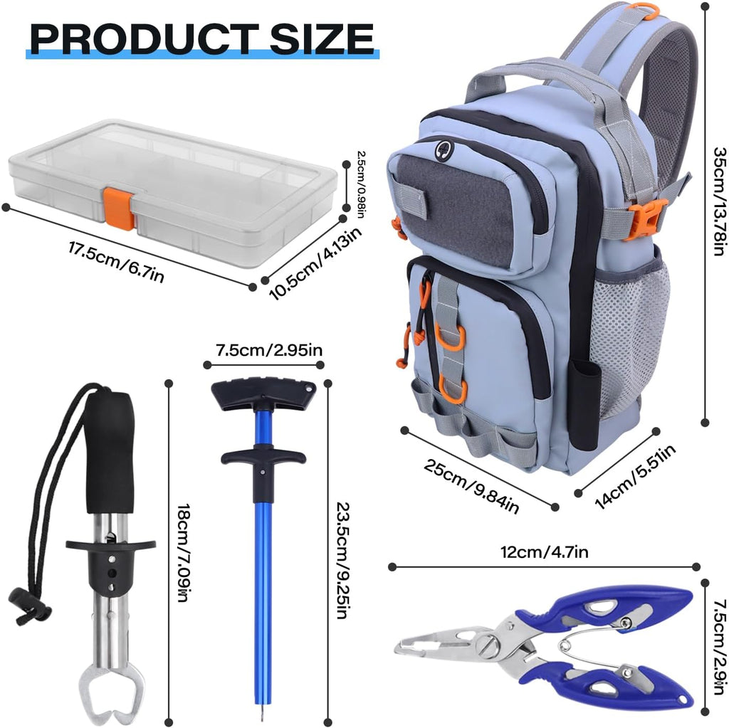 Fishing Backpack with Tackle Boxes&Tool Set,Waterproof,Fish Shoulder Bag with 136 Pcs Fishing Lures Kit,Fish Hook Remover Tool,Fish Lip Gripper,Fishing Plier,Gifts for Men(Gray)