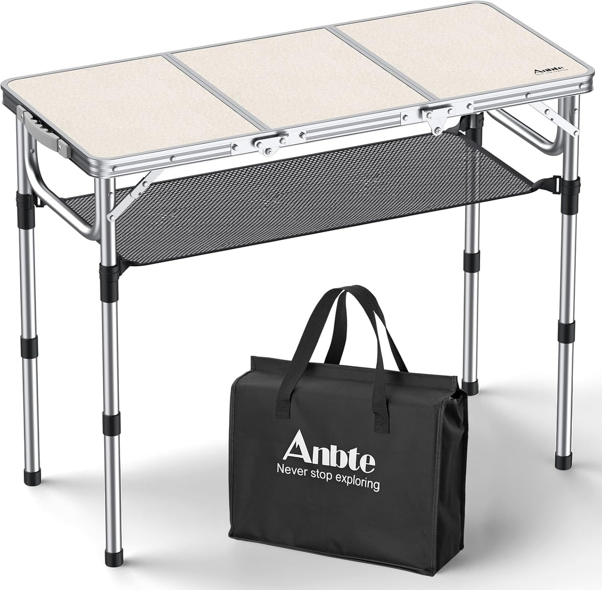 Anbte 3ft Folding Camping Table, 3 Adjustable Height Max 27.5", Silver