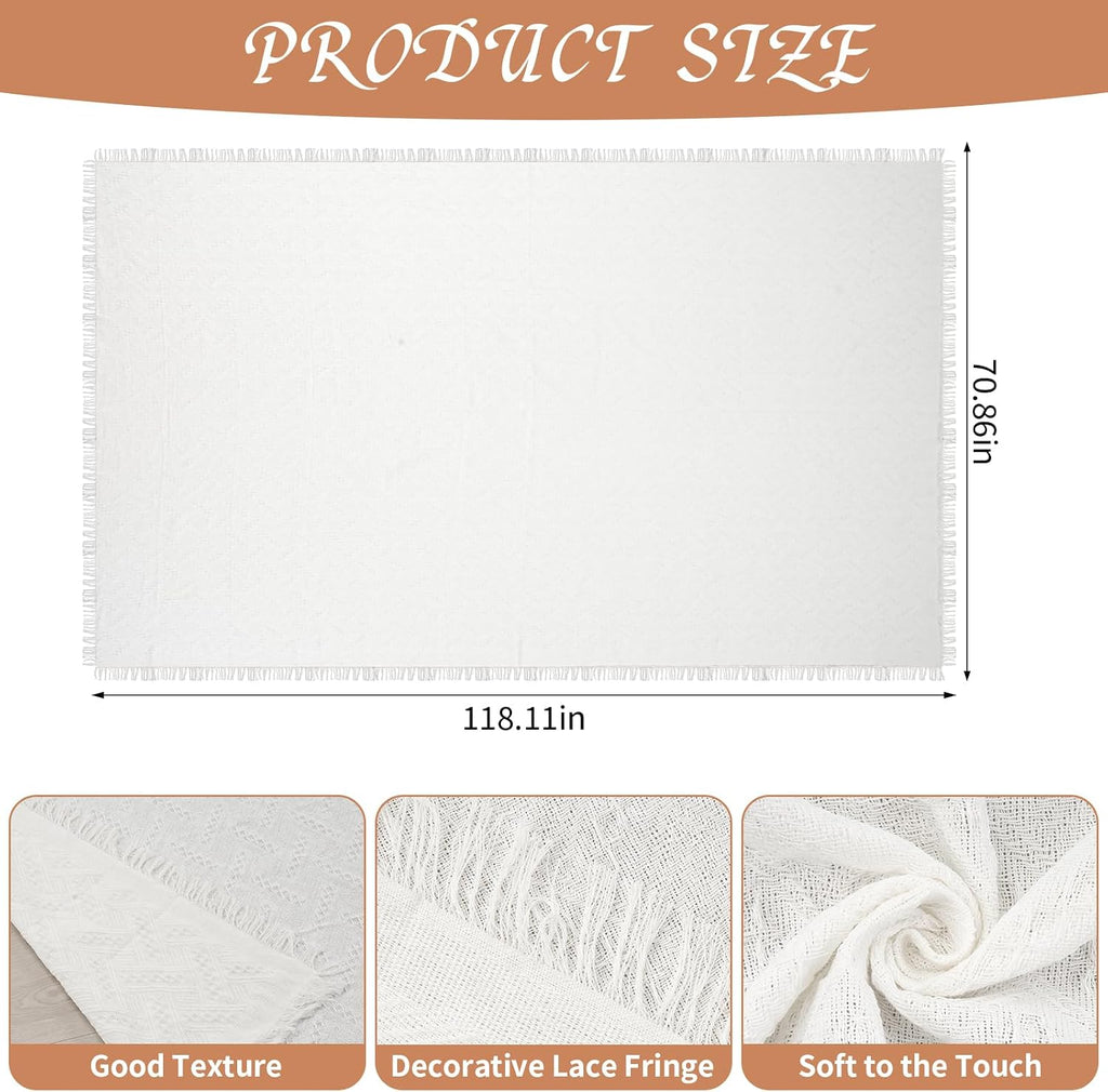 YEXEXINM Extra Large Outdoor Picnic Blanket 118" x 71" Oversize Woven Cotton Yarn Beach Blanket with Fringe, Machine Washable Portable Blanket for Camping, Beach, Park, Fits 6 to 9 Adults (White)