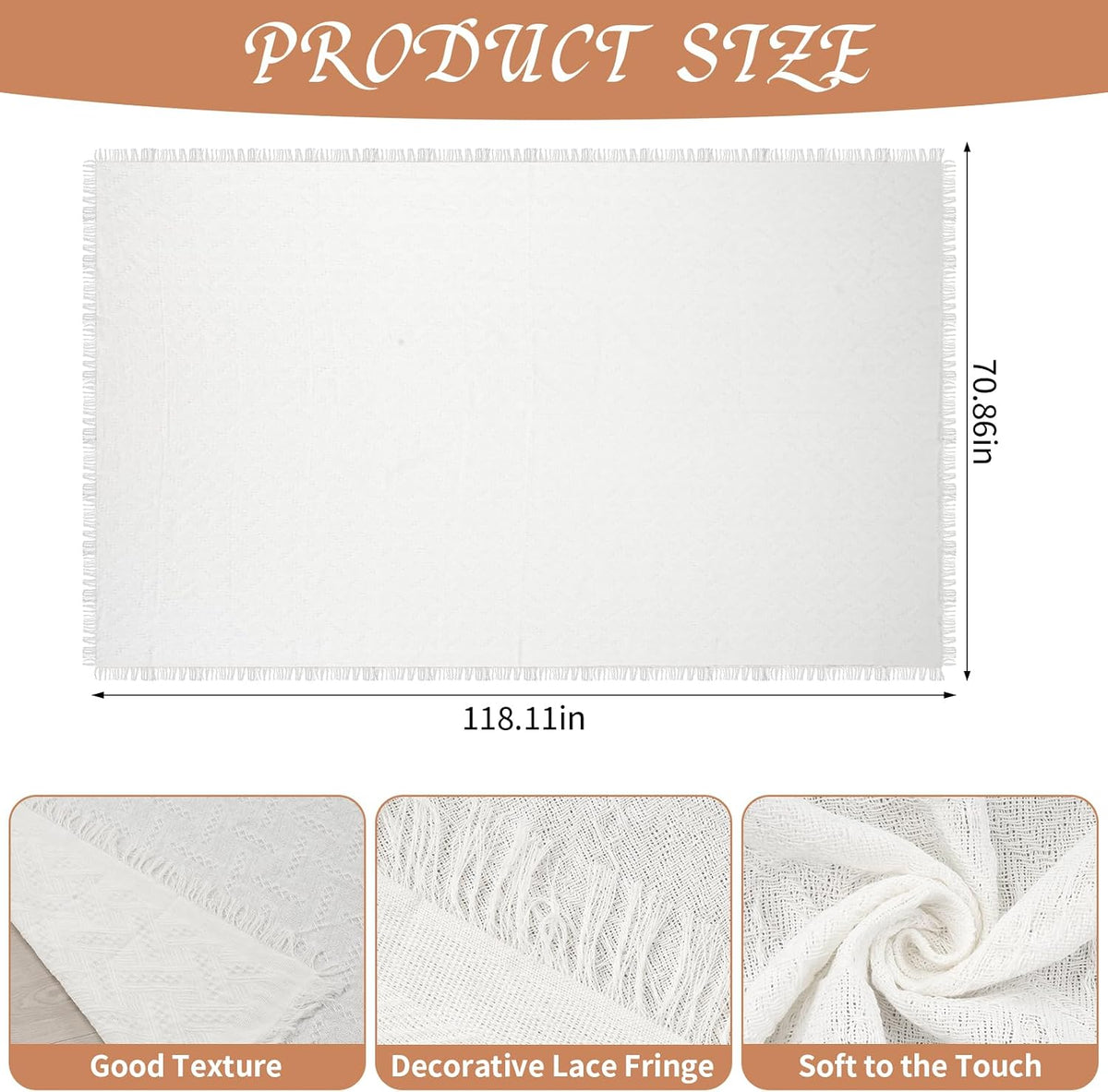 YEXEXINM Extra Large Outdoor Picnic Blanket 118" x 71" Oversize Woven Cotton Yarn Beach Blanket with Fringe, Machine Washable Portable Blanket for Camping, Beach, Park, Fits 6 to 9 Adults (White)
