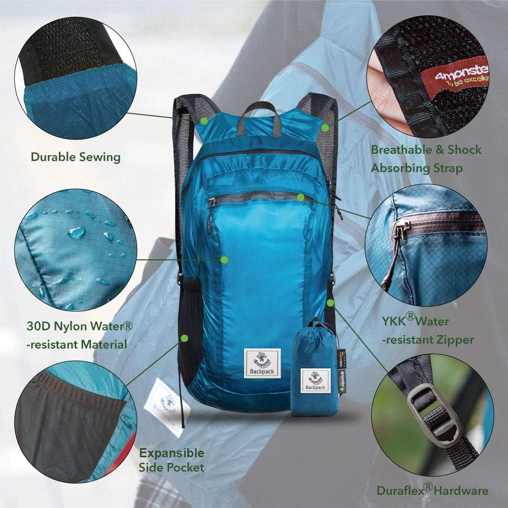 4Monster Hiking Daypack,Water Resistant Lightweight Packable Backpack for Travel Camping Outdoor